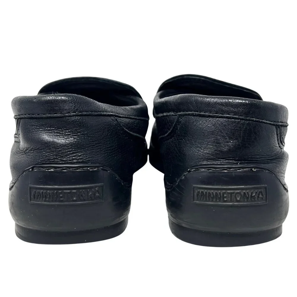Minnetonka Mens Black Loafer Slip On Double Leather Shoes Size 8.5 -‎ Broken In